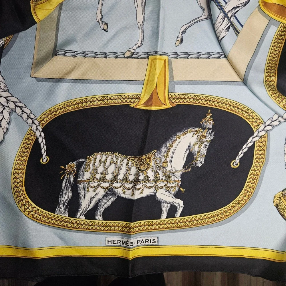 Hermes Grand‎ Apparat Silk Scarf Jacques Eudel Blue Black Gold Equestrian 16.5in